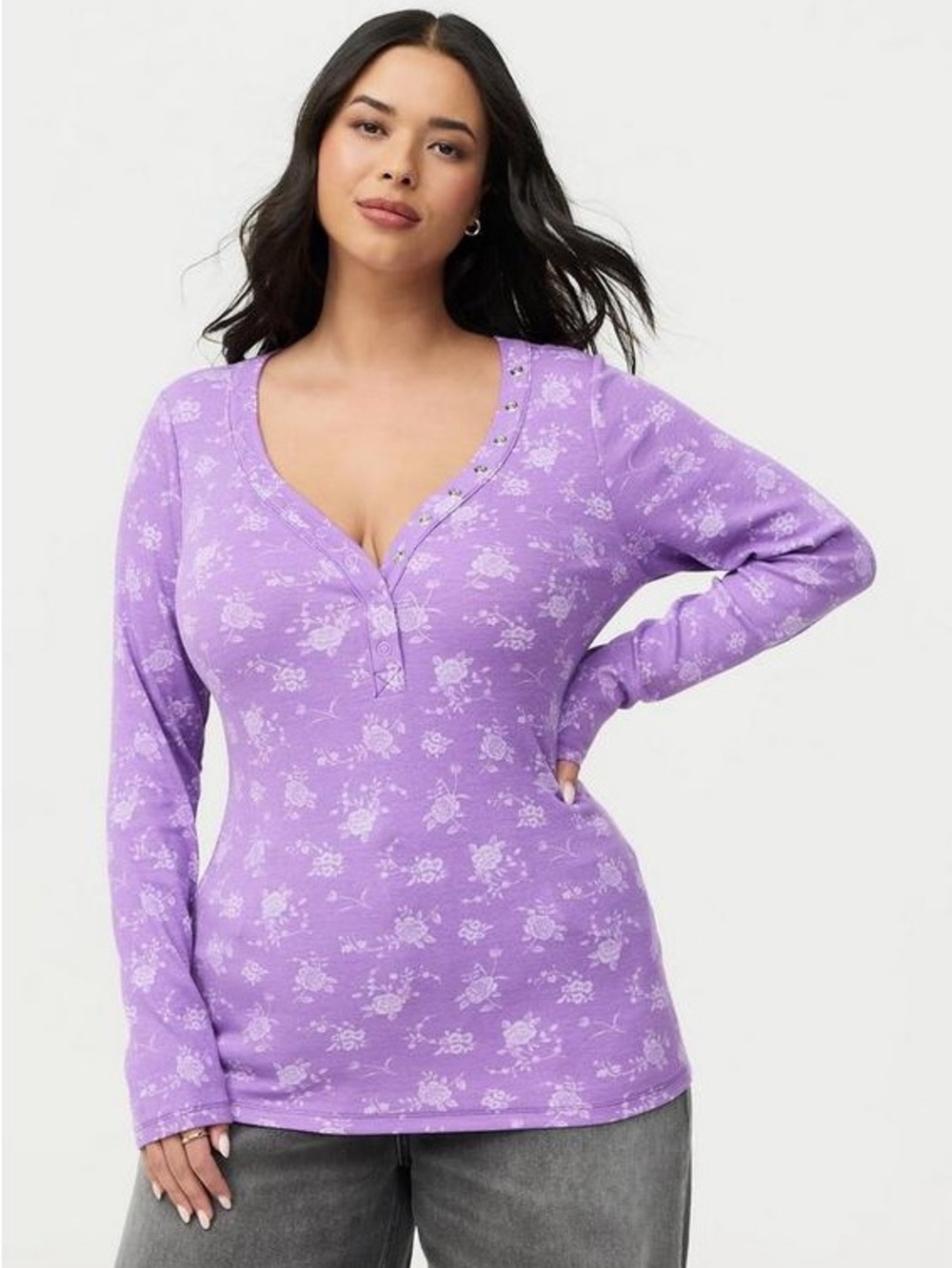 Torrid 0X long sleeve ribbed Henley purple floral